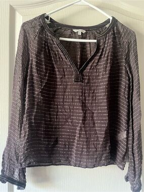Lucky Brand Sheer Striped Long-Sleeve Blouse in Dark Brown